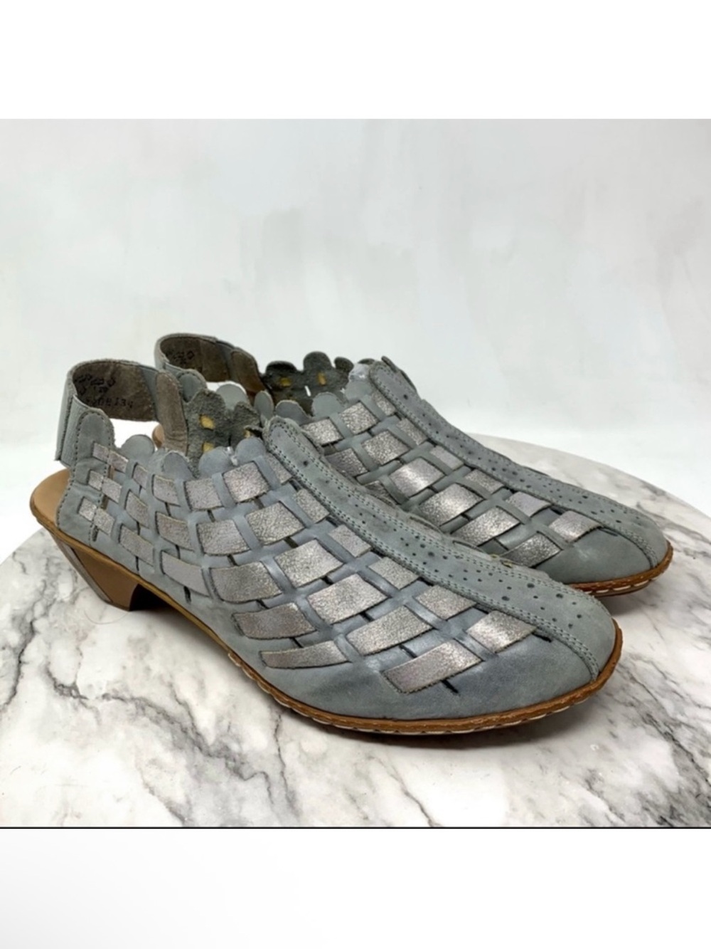 Rieker Sina Gray Two Tone Woven Leather Slingback Mules 40 Comfy Lagenlook Artsy